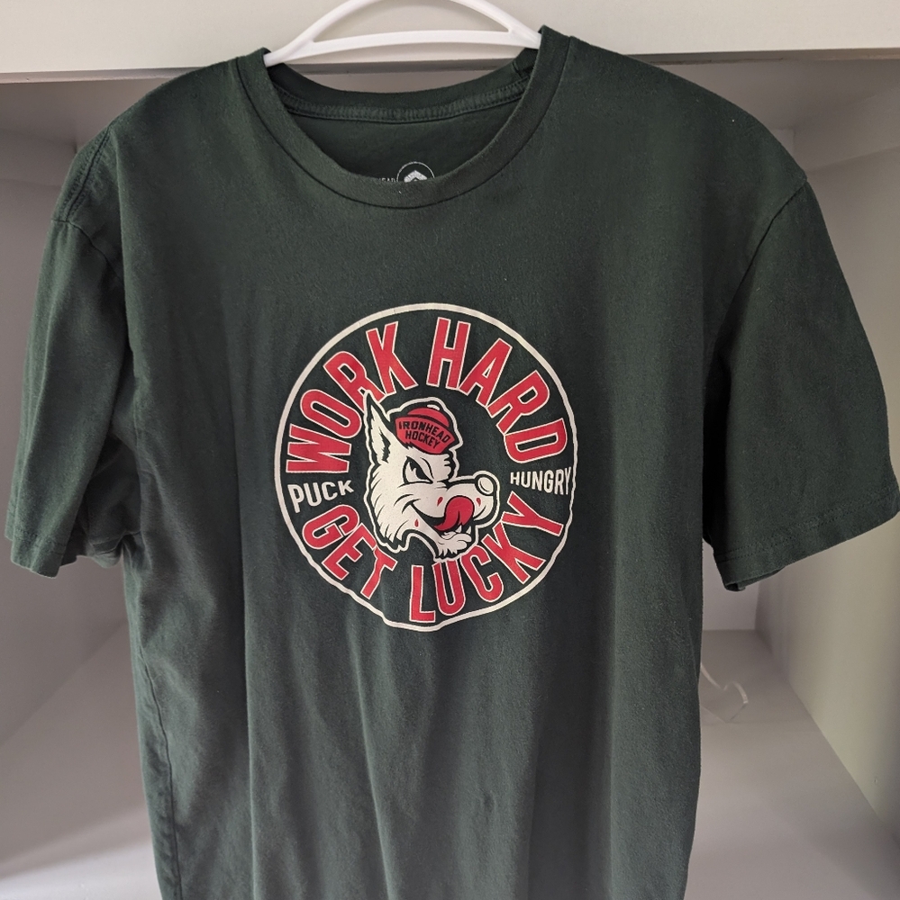 Ironhead Green Men's L hockey t "Work Hard Get Lucky'